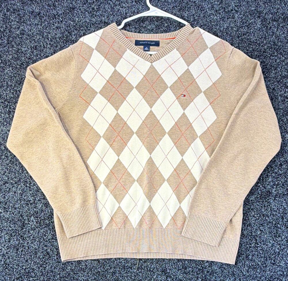 Tommy Hilfiger Mens M Beige Argyle V-Neck Cotton Pullover Sweater